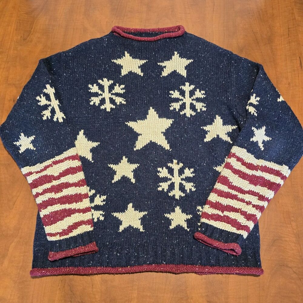 Coldwater Creek Vintage Snowflakes And Stars Roll Hem Christmas Sweater L